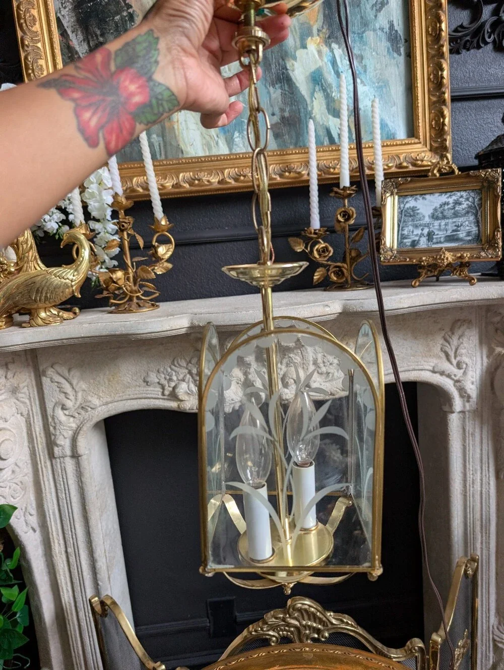 Vintage 1960s Polished Gold Metal Clear Etched Glass Chandelier Pendant Light La